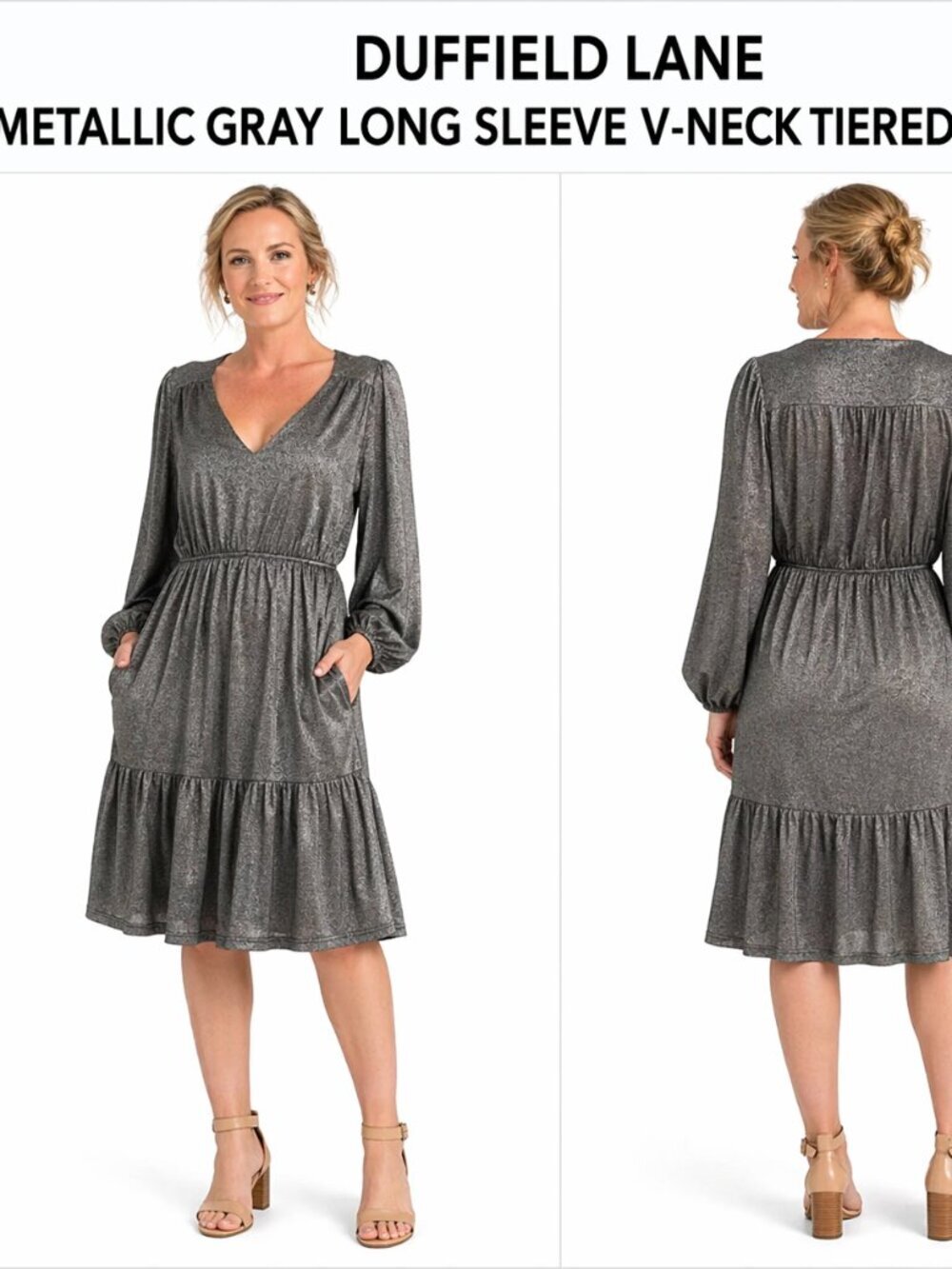 Duffield Lane Metallic Gray V-Neck Tiered Dress L
